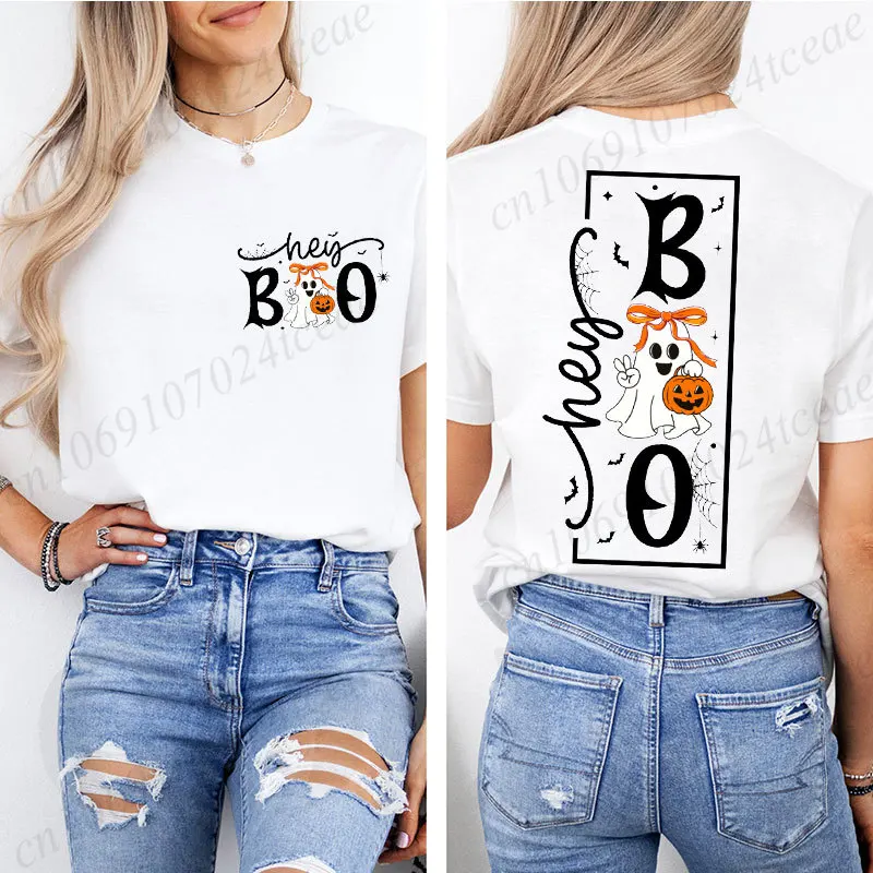 Retro Halloween Women T-Shirts Hey Boo Cute Ghost Pumpkin Spider Graphic Tshirts Short Sleeve Tee Shirts Spooky Season Tshirts