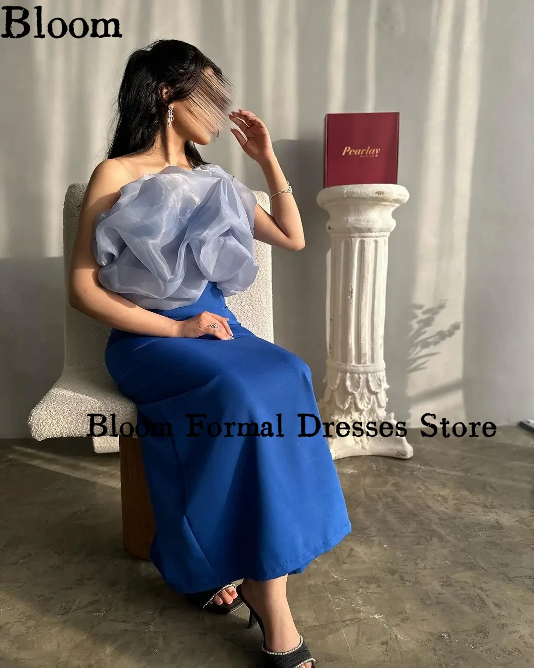 Bloom Simple Blue Evening Dresses For Prom Organza Ruffles Sleeveless Straight Formal Dress Elegant Wedding Party Dress 2024