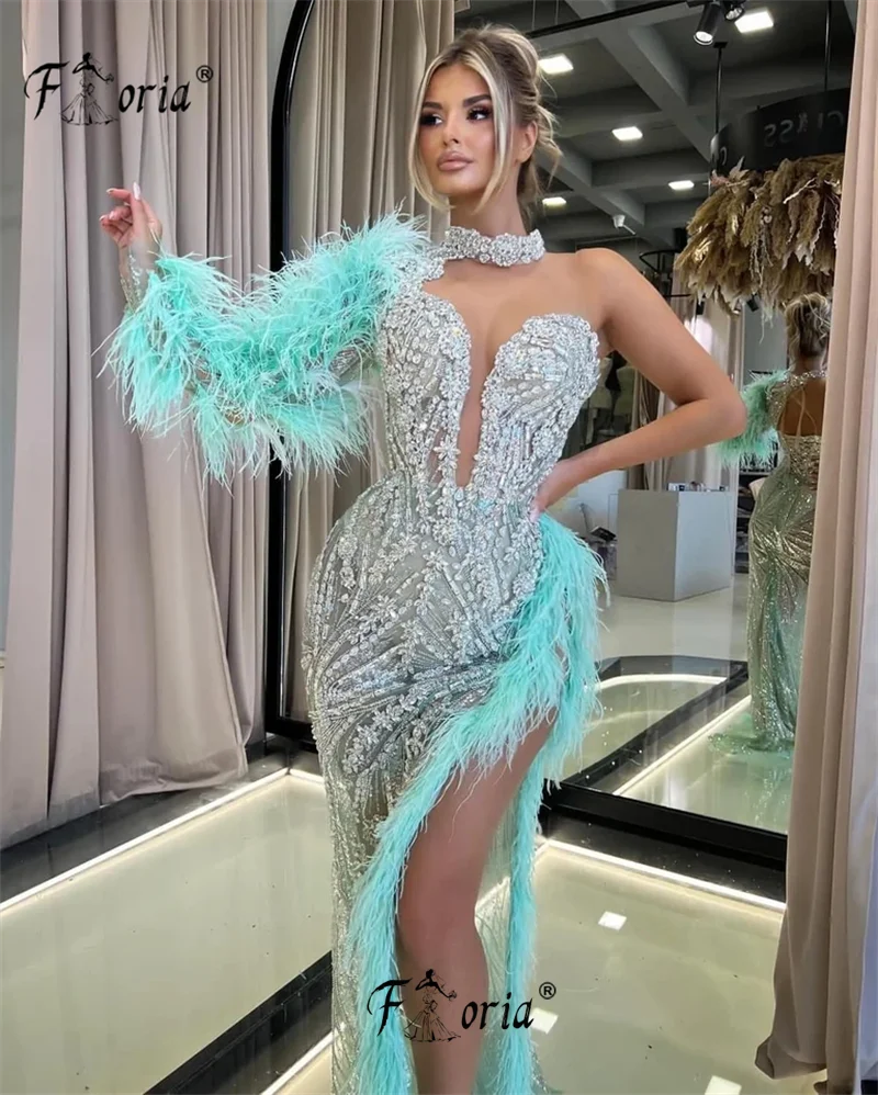 Couture Mint Green Beaded Feather Evening Dresses Crystal High Slit Celebrity Red Carpet Gowns Formal Occasion Dress Vestidos