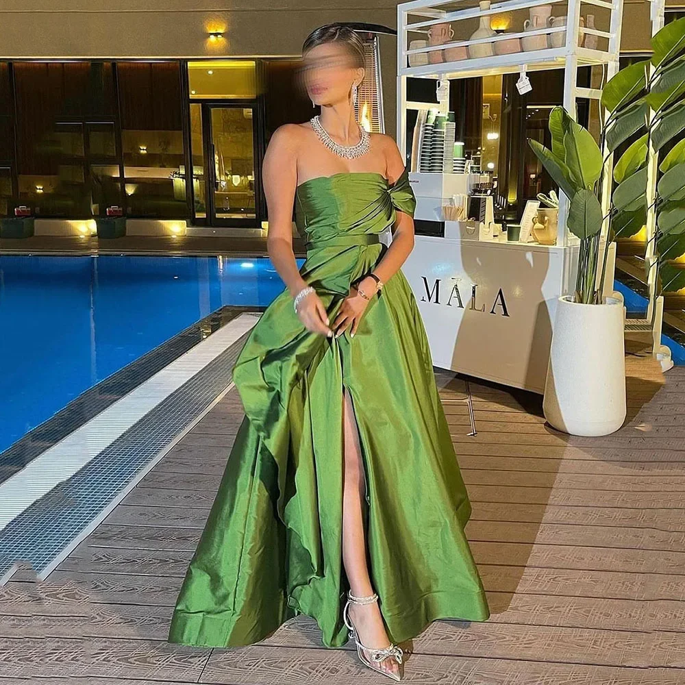 

Green Taffeta A-Line Formal Prom Dresses Side Slit One Shoulder Pleated Evening Dress Arabia Dubai Pageant Formal Party Elegant