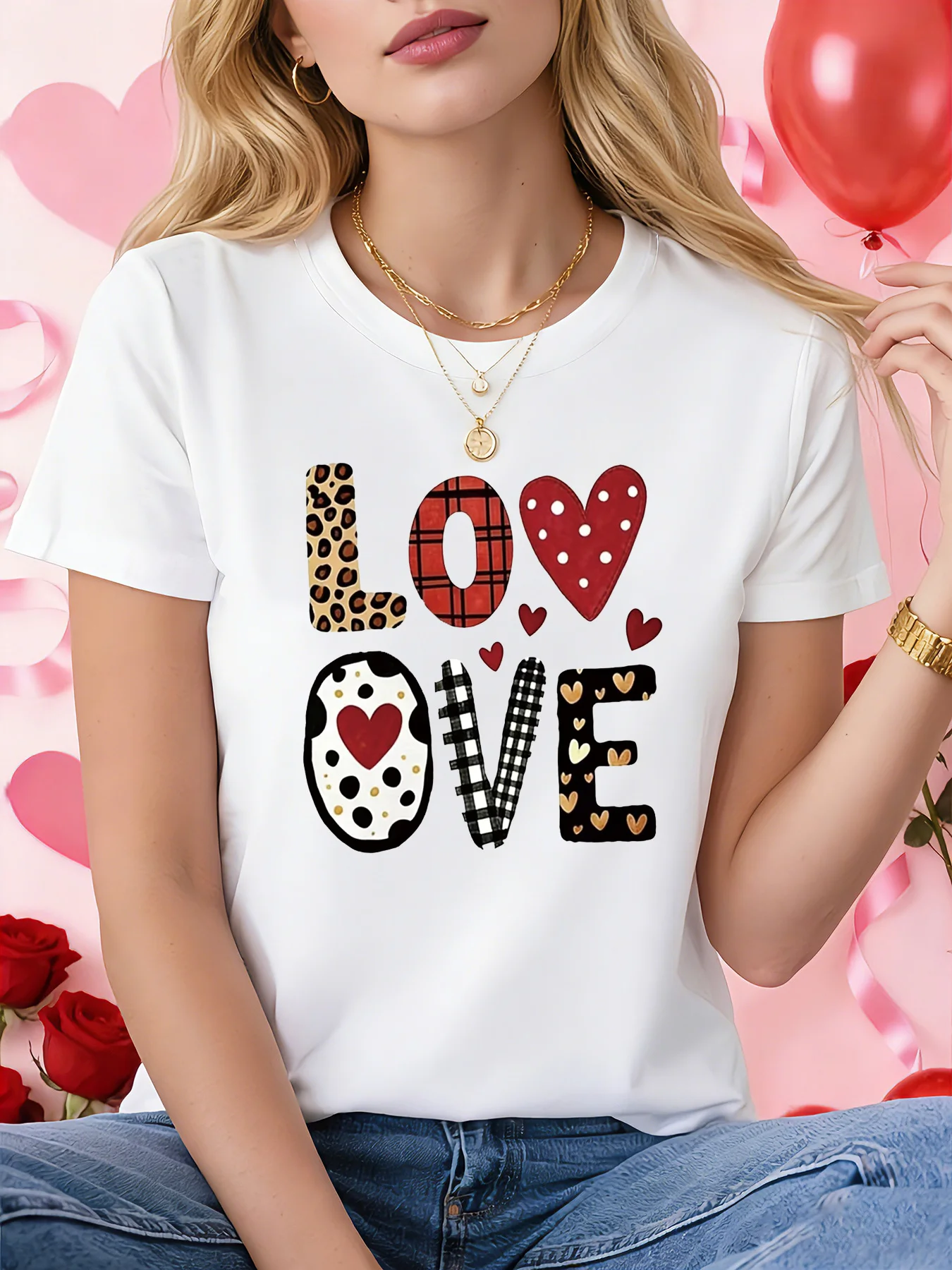 Valentinstag-Damen-Kurzarm-T-Shirt mit LOVE-Buchstaben-Aufdruck, Rundhalsausschnitt, lässig, täglich, Urlaub, Vibe-Top für Sommer und Frühling