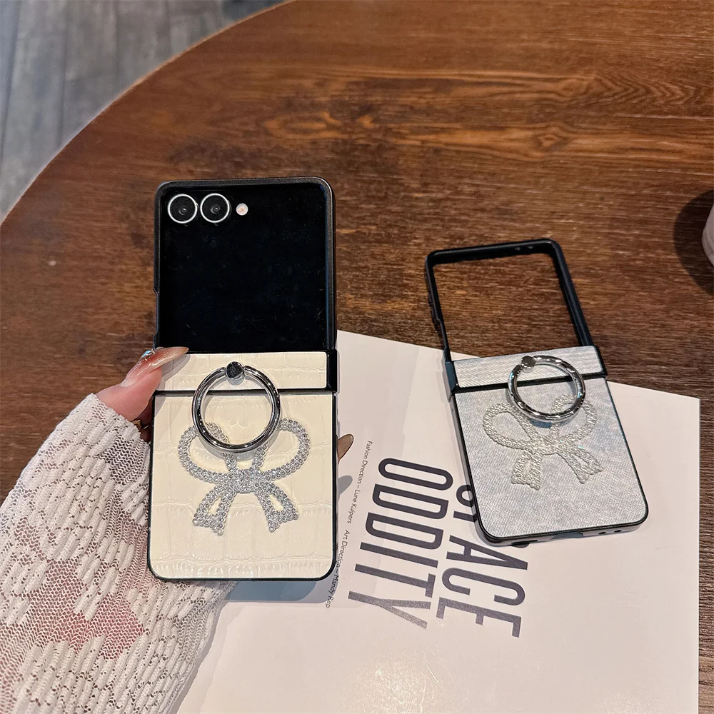 

INS Denim Leather Luxury 3D Flash Diamond Bow Fashion for Samsung Galaxy ZFlip6 5 zflip5 6 7 Z Flip7 7FE Cover with Ring Stand