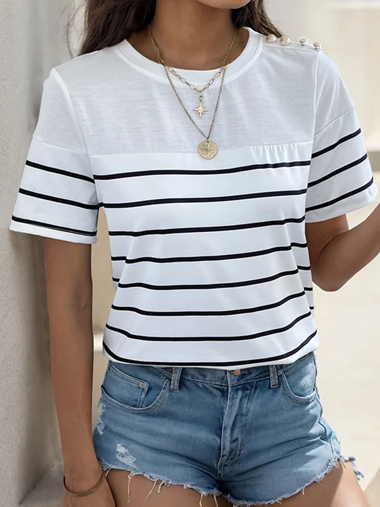 JIM & NORA Women\'s Knitted T-shirt Simple Stripes Round Neck Summer Button Casual Elastic Short Sleeved Fashionable Elegant Top