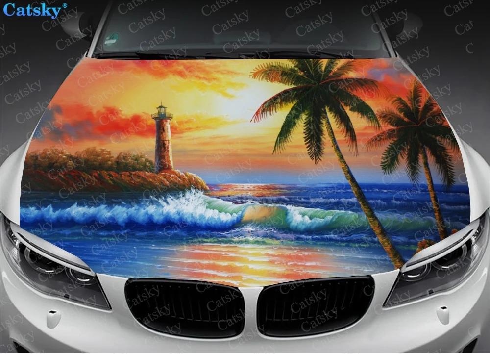 Orange Ocean Palm Tree Car Hood Vinyl Decal Stickers Decor Wrap Film Engine Cover Decals Sticker Car Hood Side Cover Decal Film