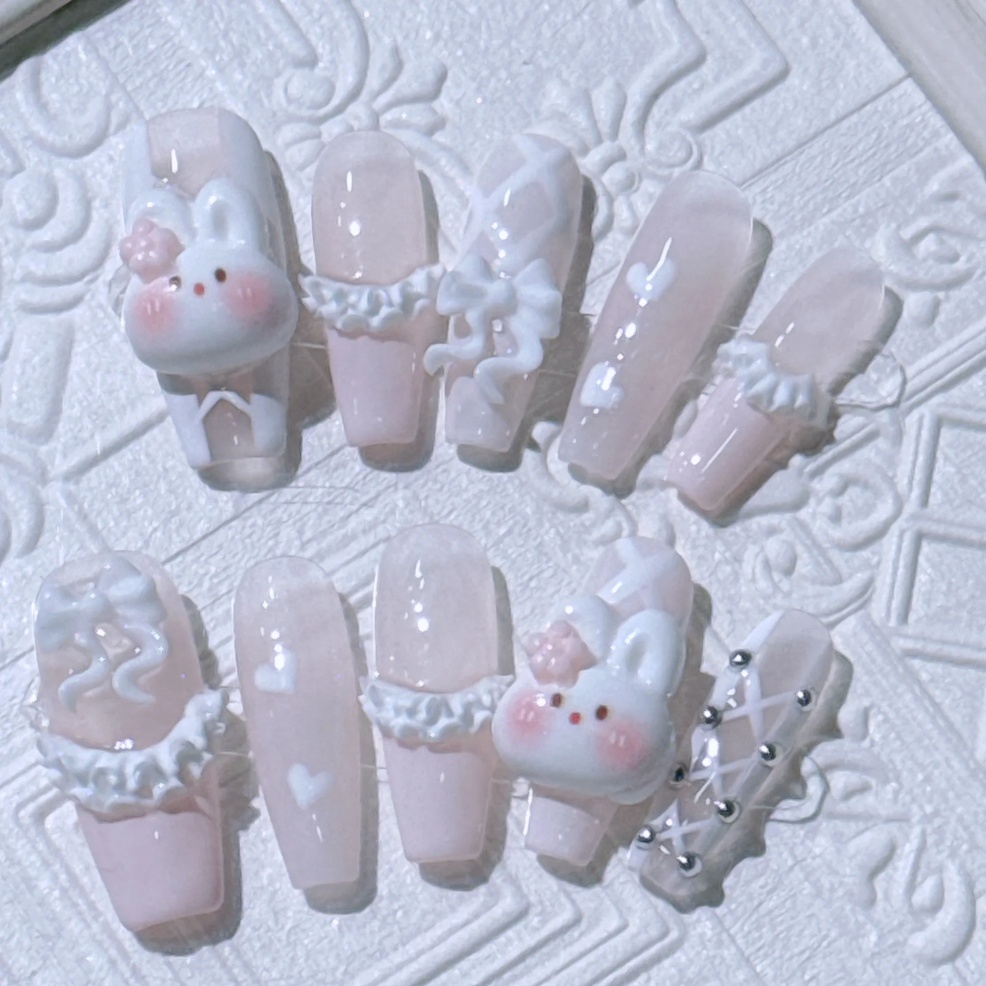 

10pcs Handmade Press on Nails White Rabbit Design French Ballet Fake Nails Wearable Detchable Sweet Korean False Nails for Girls