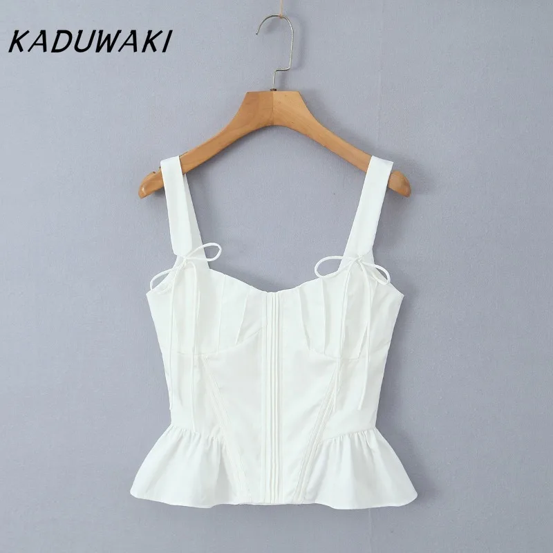 KADUWAKI Ruffle Women Top Cute Romantic New Summer Popular Bows Bandage Tassel Back Zip-up Crop Camis Girls Hipster Street Vests