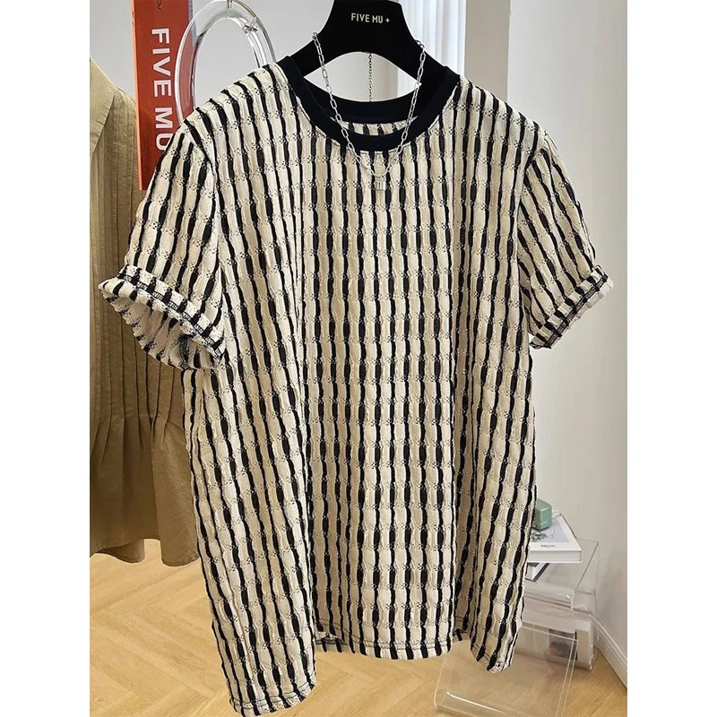 Summer Western Style Simple and Versatile Thin Round Neck Hollow Stripe Casual Loose Oversized Short Sleeve T-shirt for Women