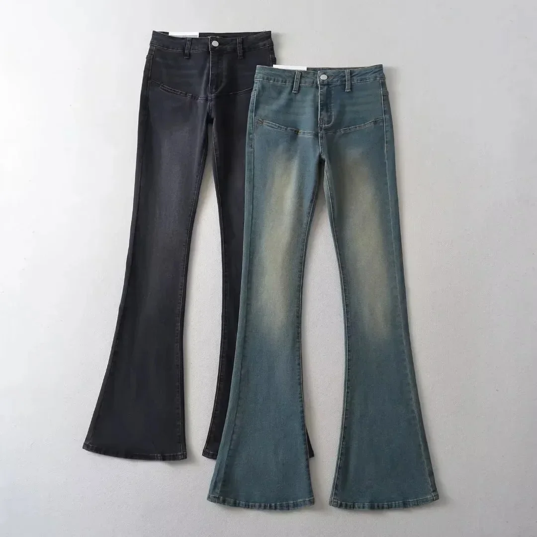 Denim Flare Pants Jeans Women 2025 Autumn Streetwear Vintage Washed Distressed High Waist Stretch Pockets Floor Length Trousers