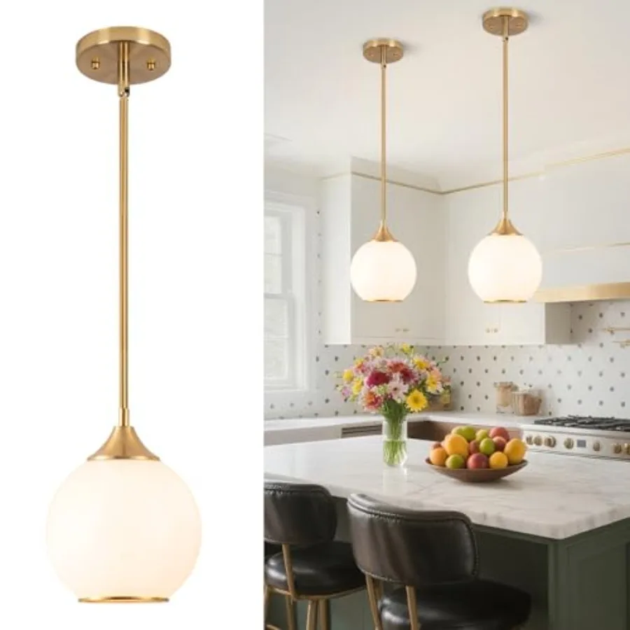 

Pendant Lights Kitchen IslandFarmhouse Pendant Light with Milky Glass Globe Shade 6.29" Glass Pendant Light for Brushed Bronze