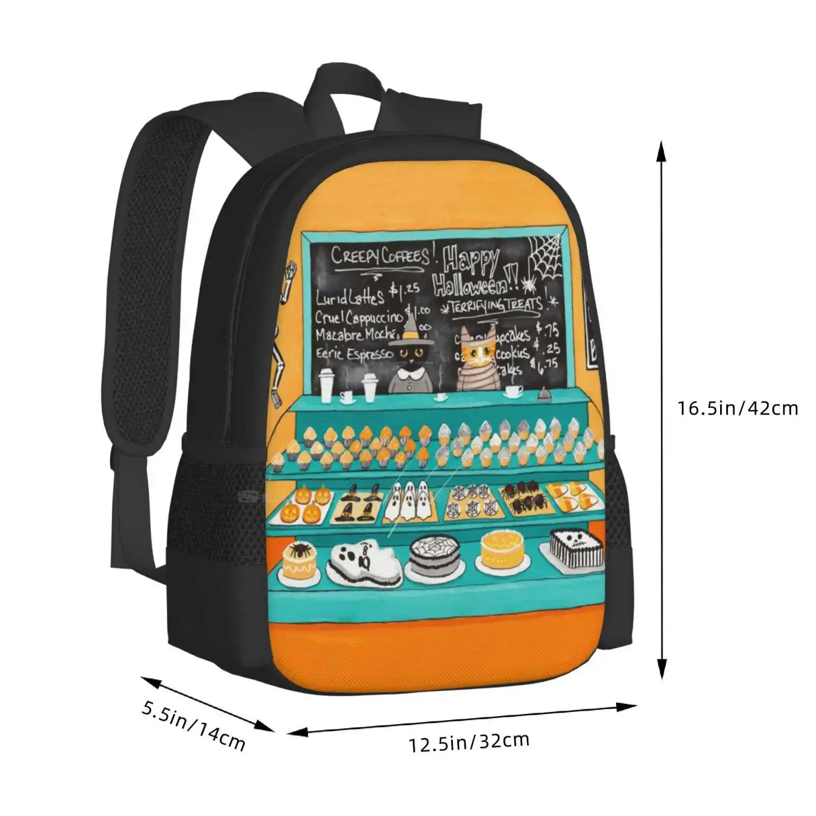กระเป๋าเป้สะพายหลังเบเกอรี่ฮาโลวีนสำหรับนักเรียนโรงเรียนถุงเดินทางแล็ปท็อปศิลปะพื้นบ้านดั้งเดิมฮาโลวีนเบเกอรี่ขนมเค้กคัพเค้กแมวใน