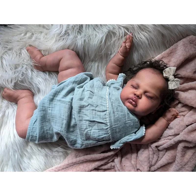 60CM Dark Skin Sleeping Pickle in Soft Cloth Body Lifelike Reborn Toddler Hand Rooted Hair Cuddly Baby Girl Doll Baby