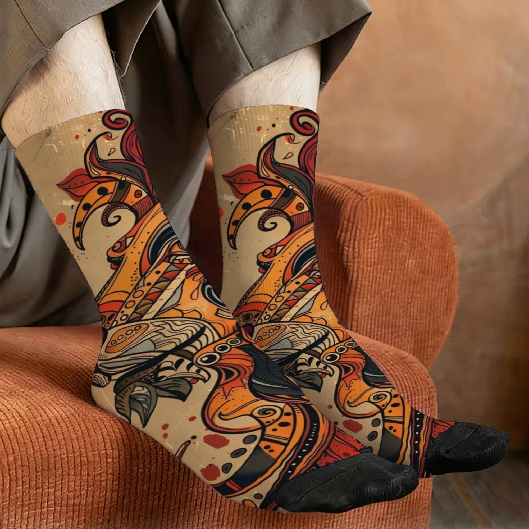 Asymmetrical Abstract Lion Socks Ethnic-style Totem Print Mid-calf Socks Distressed Retro Art Niche Breathable Durable Socks