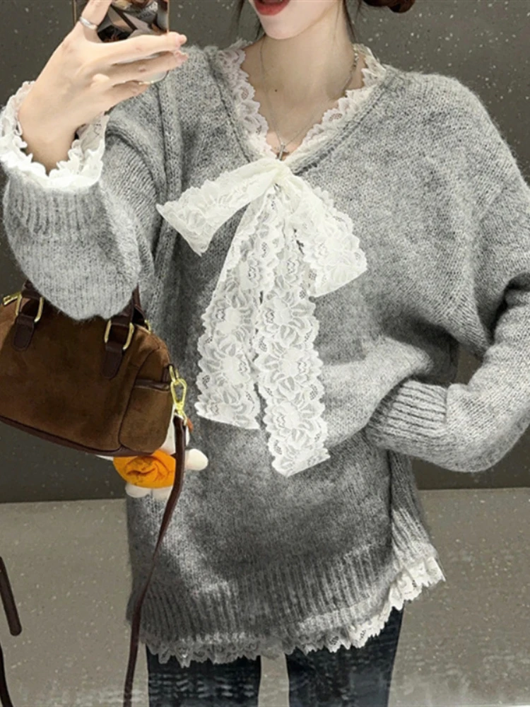 

New V-neck Long Sleeve Fashion Sweater Women High Street Casual Loose Lace Patch Work Pullovers Elegant Chic Tops Spring Autumn