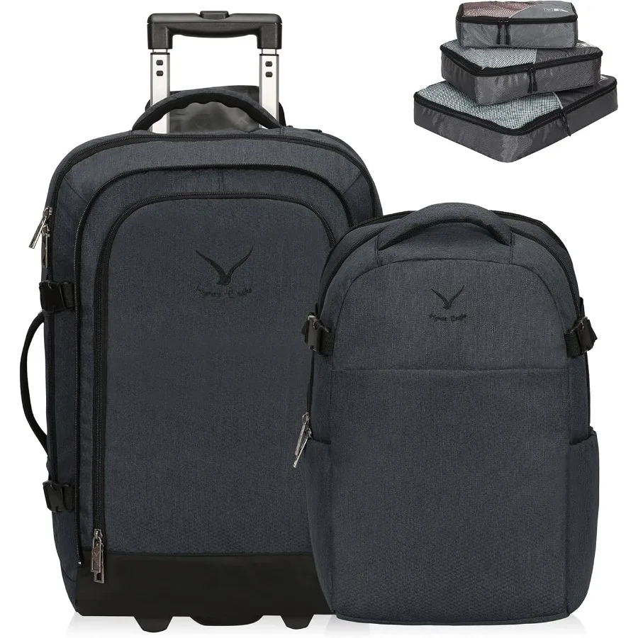 2 في 1 حقيبة السفر 22 بوصة تحمل على الأمتعة 63L حقيبة ظهر متدحرجة للرجال والنساء مع مكعبات التعبئة مجموعة 3 قطع #1