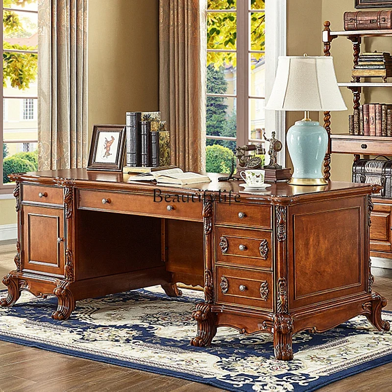 

American retro desk villa study office solid wood writing desk luxury computer boss table big desk