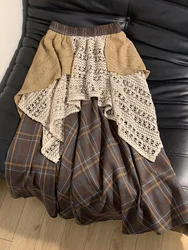 Harajuku Japanese Popular Versatile Hollow Plaid Irregular Design Splicing Skirt Women's Casual Street Fashion Knee-length Skirt