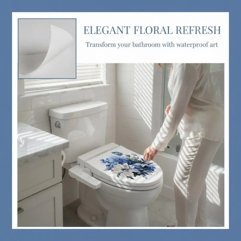 Blue White Floral Toilet Sticker Waterproof Self-Adhesive Removable Decal for Small Bathroom Decor Upgrade
