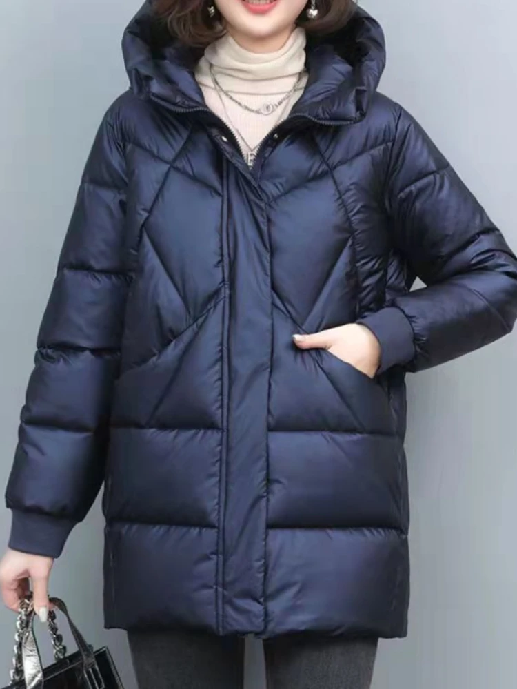 

Glossy Cotton Filler Cotton Jacket Women's Mid-length 2023 New Winter Blue Parker Warm Middle-aged Mother Urban Leisure Coat