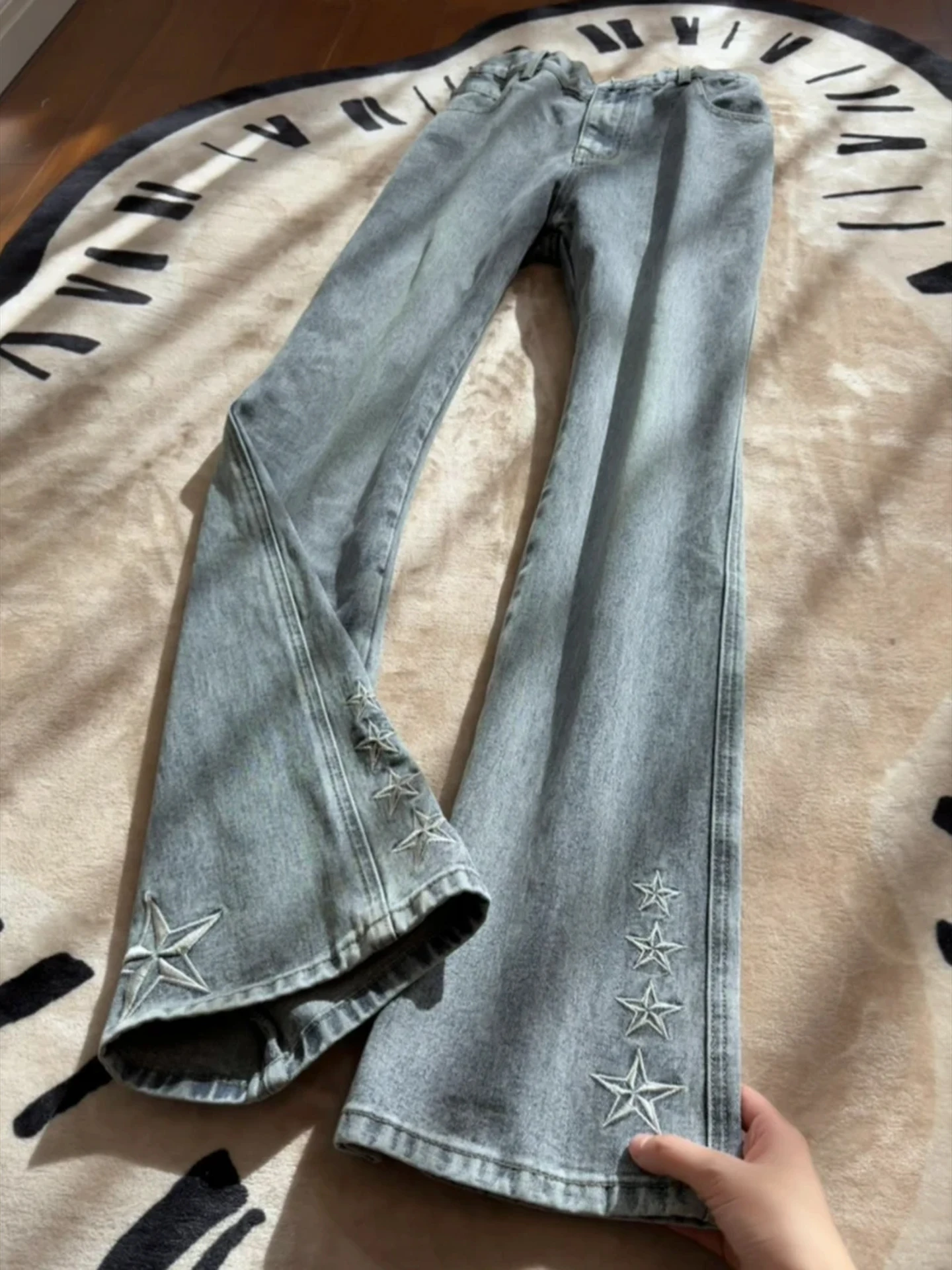 

Embroidered Fleece Lined Slim Fit Jeans High Waist Knife Micro Flared Pants Long Leg Effect American Style Streetwear