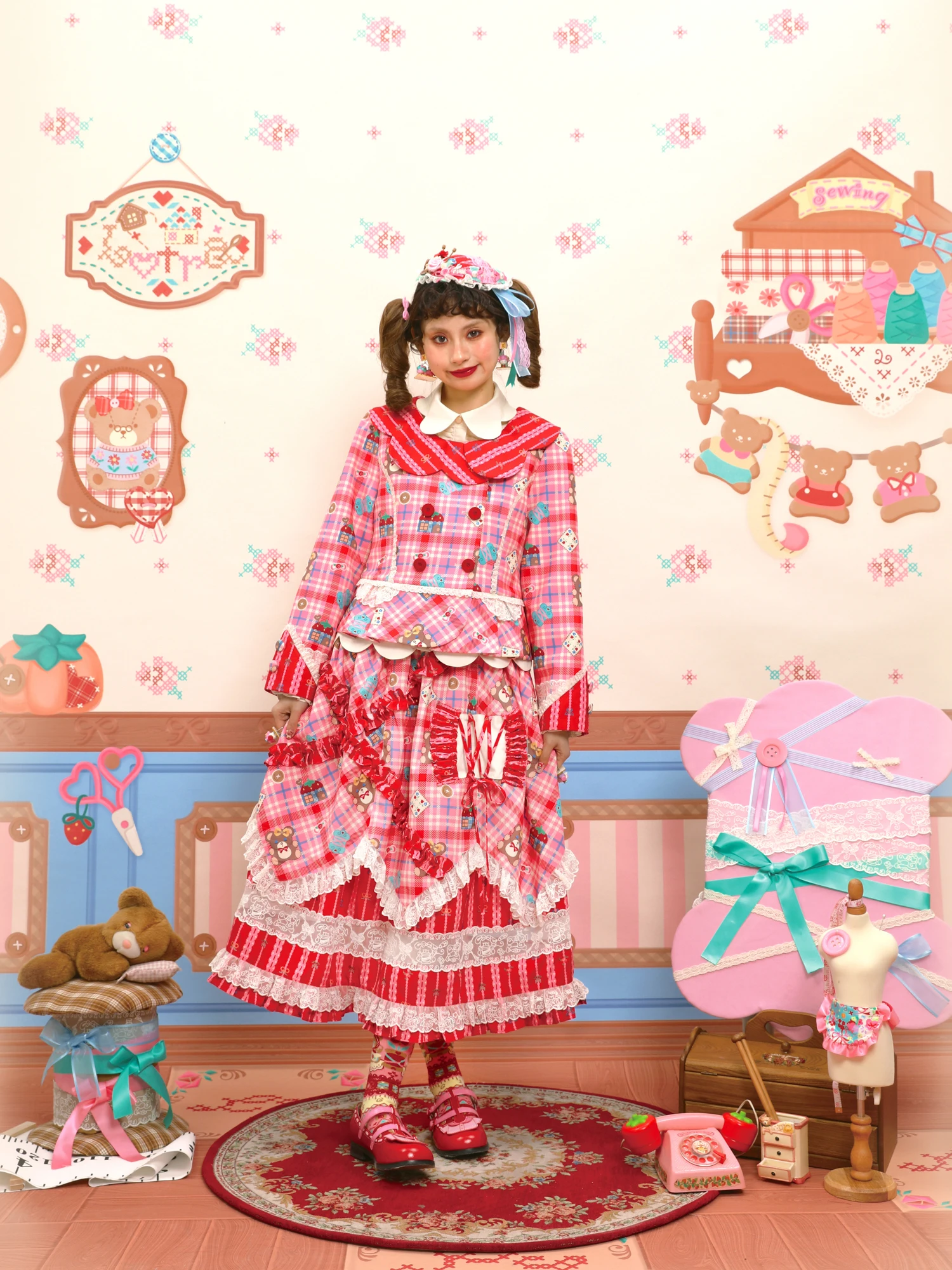 

Red And Pink Plaid Lace Suit Jaet And Cake Long f Skirt Set Women's Faion Ele Outfit for Special Ocns