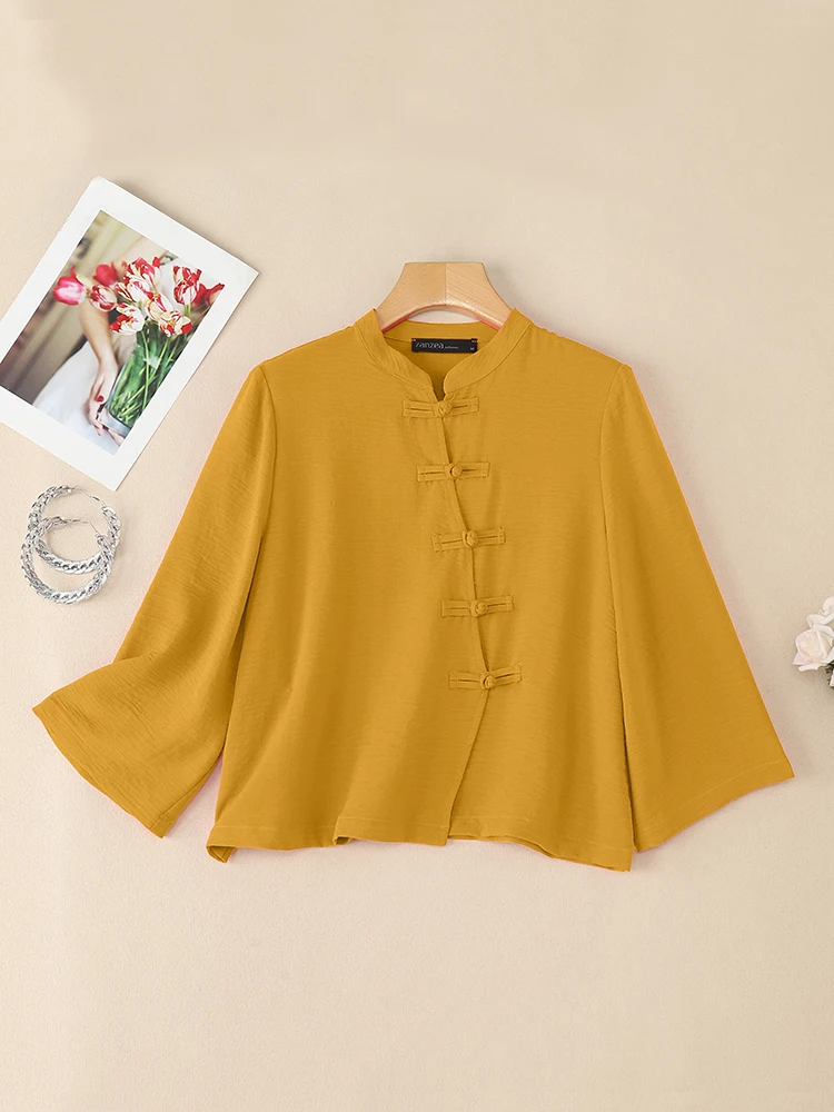 

Элегантные блузки с воротником-стойкой, женские рубашки, модные топы с рукавами 3/4, 2025 ZANZEA, повседневная свободная туника с расклешенными рукавами, однотонный пуловер