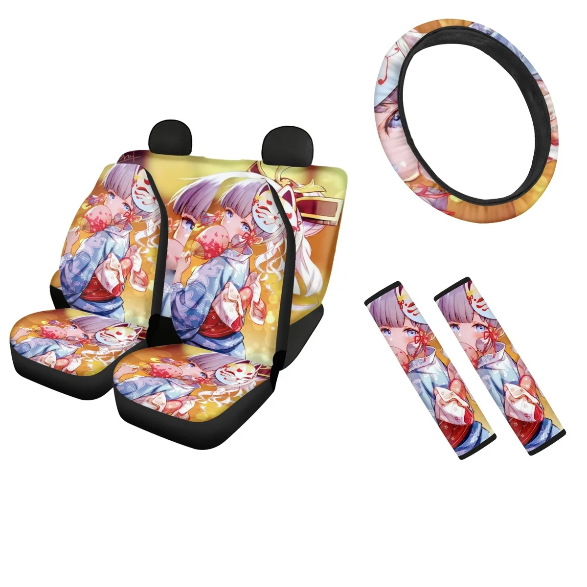 

Funny Genshin Anime Print Front/Rear Car Seat Cushion Durable Soft Sturdy Steering Wheel Cover Set of Breathable Seatbelt Covers