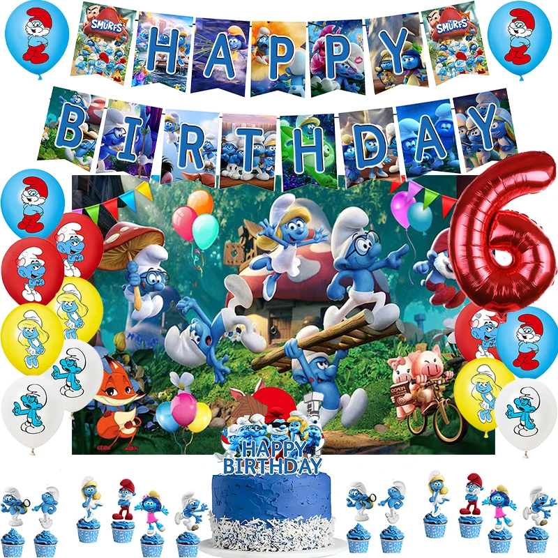 The Smurfes Birthday Party Decoration Balloon Banner Backdrop Cake Topper Smurf Birthday Party Supplies Baby Shower