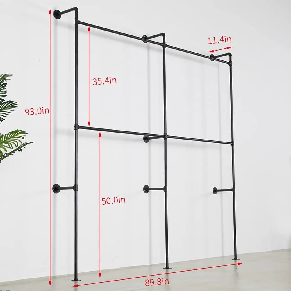 Industrial Pipe Clothing Rack Heavy Duty Double Closet Rod Clothes Rack, Clothing Rods for Hanging Clothes, Wall Mounted Clothes