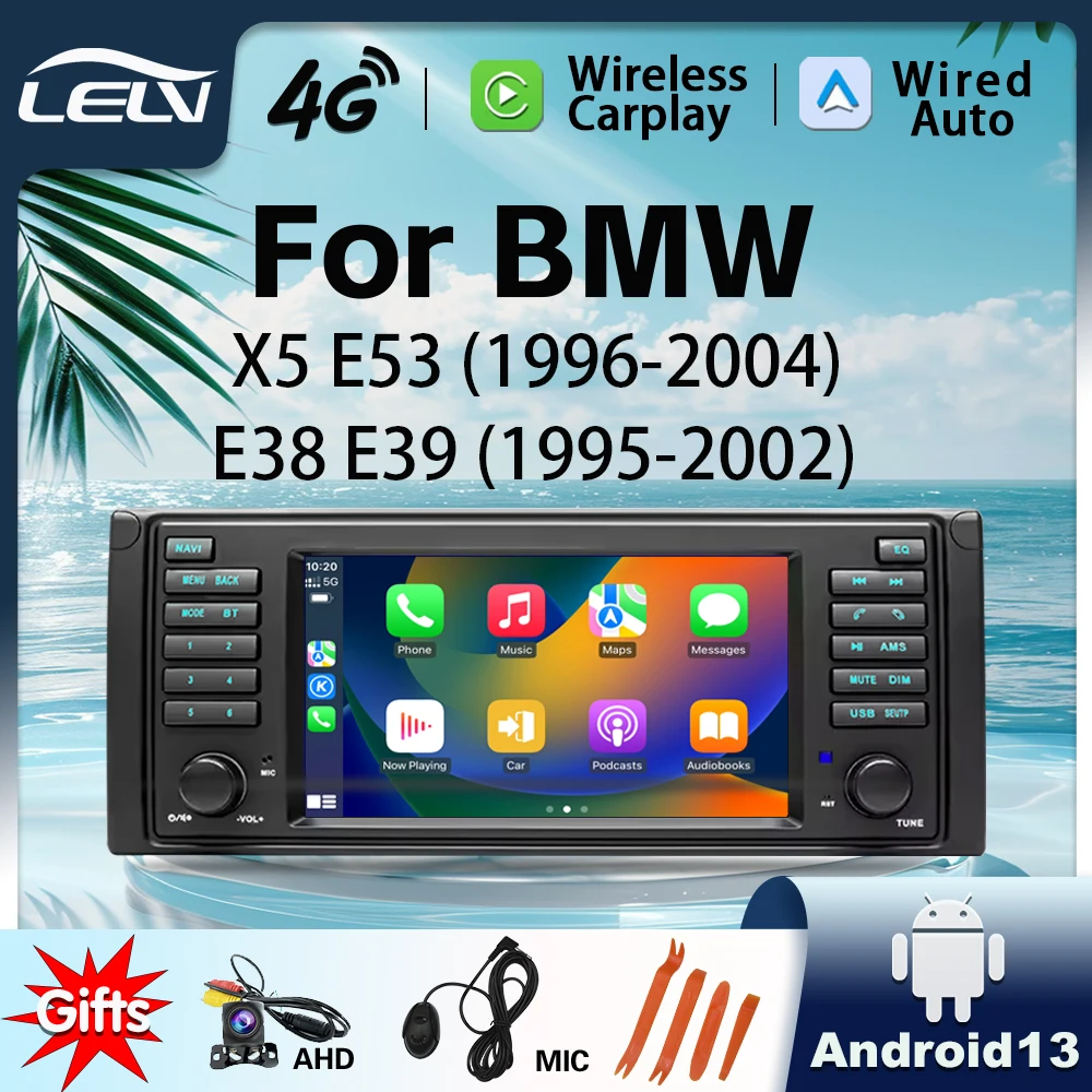 LELV 7inch Carplay Android 13 Auto 2Din Radio Video Player With GPS Navigation BT5 AHD Reversing For BMW 5 Serie E53 X5 E39 M5
