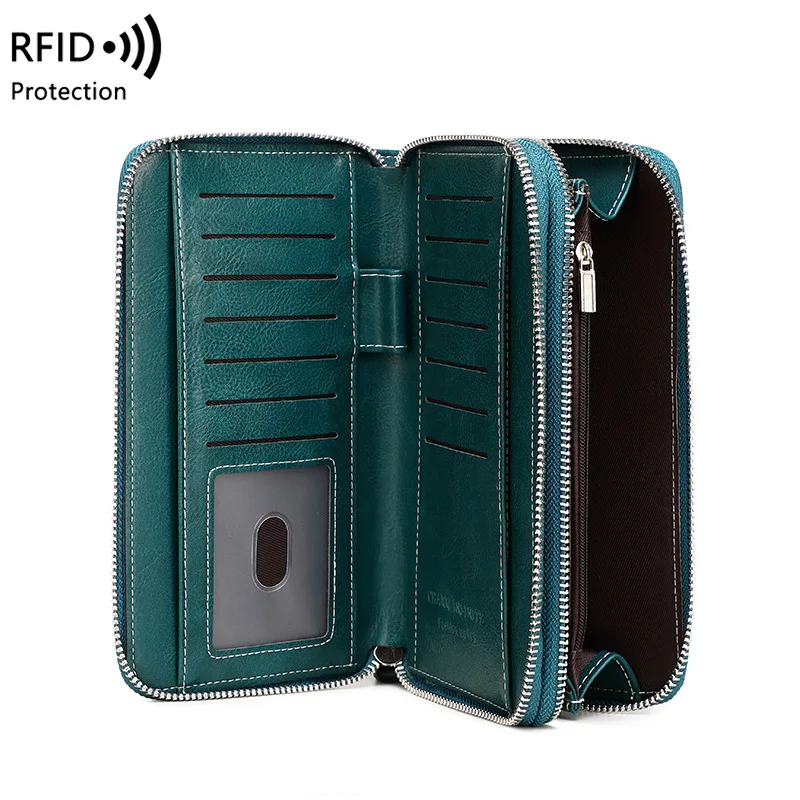 Western RFID Blocking Multifunction Double Zipper PU Leather Women Wallet Large Capacity Detachable Strap Purse for Ladies