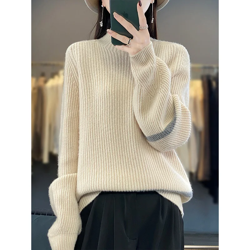 

23 Autumn Winter New Woolen Sweater Women's Half High Neck Long Sleeve Pullover 100% Pure Wool Colored And Simple Style Knitwea