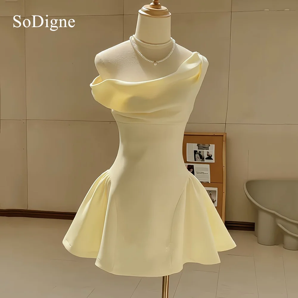

SoDigne Yellow Prom Dresses Off The Shoulder Sleeveless A-Line Party Dress Charming Mini Cute Cocktail Dress Customized