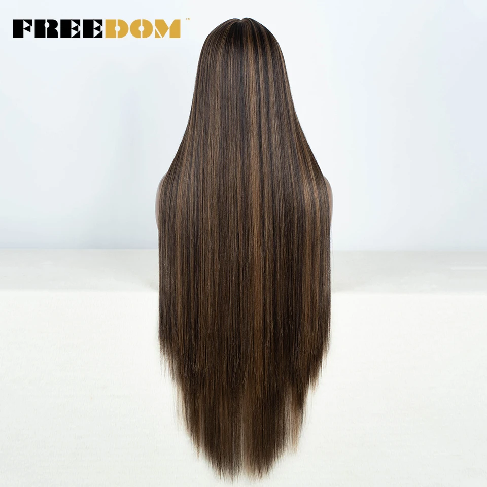 FREEDOM Gerade Synthetische Lace-Front-Perücke für Frauen 38 Zoll Lang Ombre Braun Rot Blond Highlight Lace-Frontal-Perücken Cosplay-Perücke – Detail 11