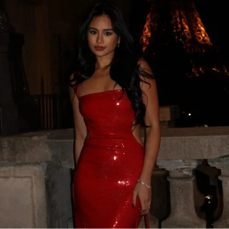 Sukienka bez ramiączek z cekinami dla kobiet, elegancka na imprezę, do klubu, na bankiet, dla gościa weselnego, dopasowana, z kwadratowym dekoltem, długa sukienka letnia 2026