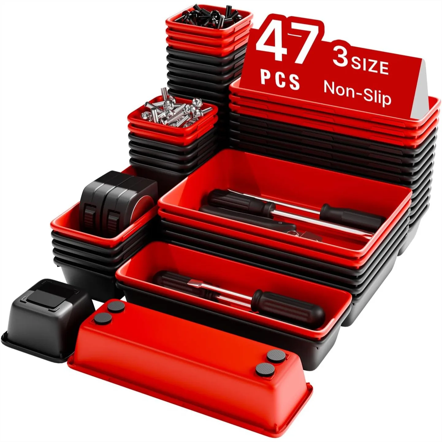 

Toolbox Organizer Trays, 47pcs Red and Black Interlocking Trays with Non-Slip EVA Pads for Tool Chest Drawer, Workbench, Garage
