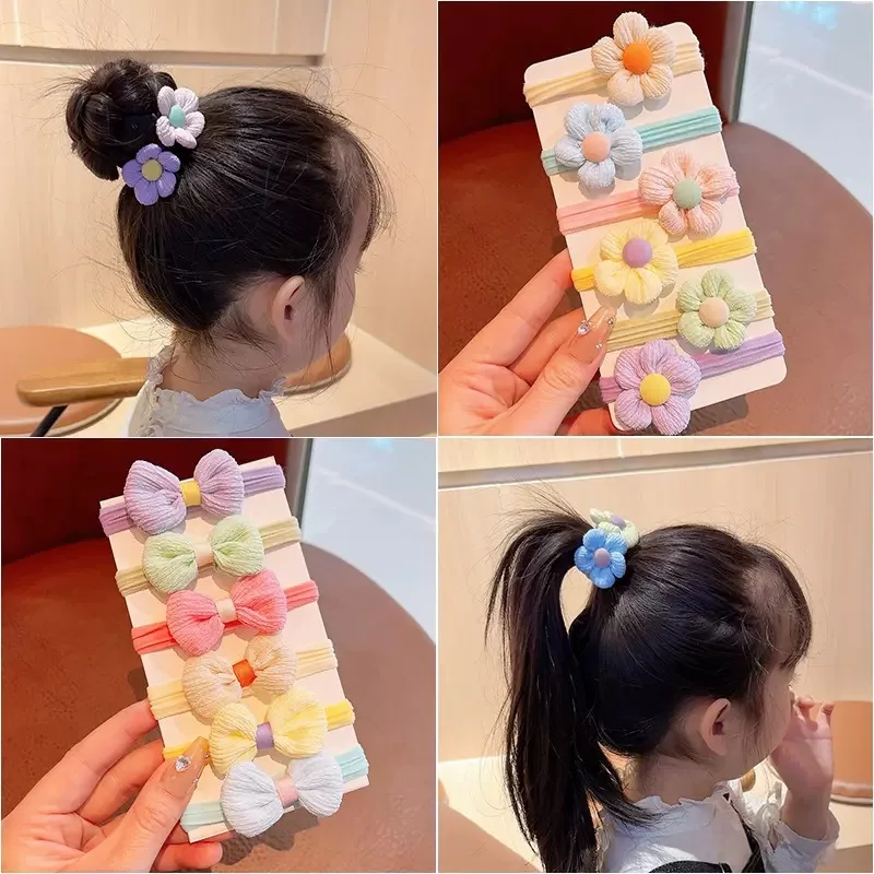 

6pcs/set Soft Terry Cloth Hair Ties for Kids Sweet Candy Color Bow Floral Stretchy Ponytail Holders for Toddler Girls Hair Bands
