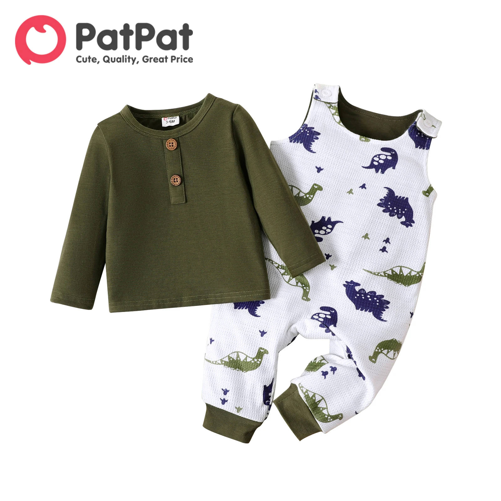 

PatPat 2pcs Newborn Baby Boy Clothes Allover Dinosaur Print Overalls and Solid Long-sleeve Tee Set