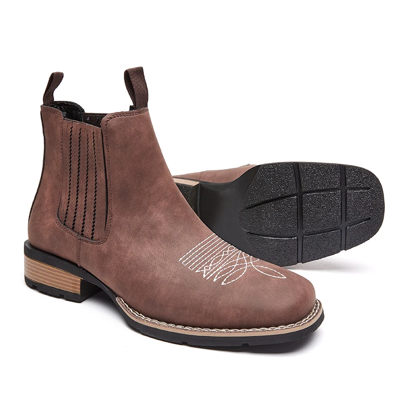

Men Slip On Western Cowboy Boots Wide Head Outdoor Comfortable Retro Embroidered Boots Wear Resistant Hiking Casual Ankle Boots