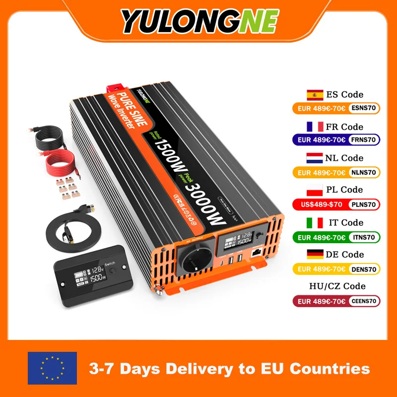 YULONGNE Reiner Sinuswellen-Wechselrichter 1500W Dauerleistung 3000W Spitzenleistung DC 12V-AC 230V Optional EU-Standardstecker Separater LCD-Fernmonitor USB Typ-C Ausgang Komplettes