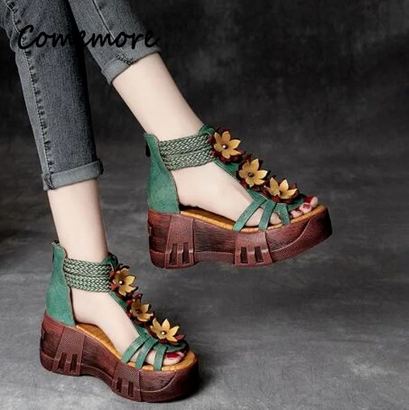 Comemore Retro 2023 New Genuine PU Leather Summer Platform Wedges Shoes Sandal Women Leather Gladiator Women High-heeled Sandals