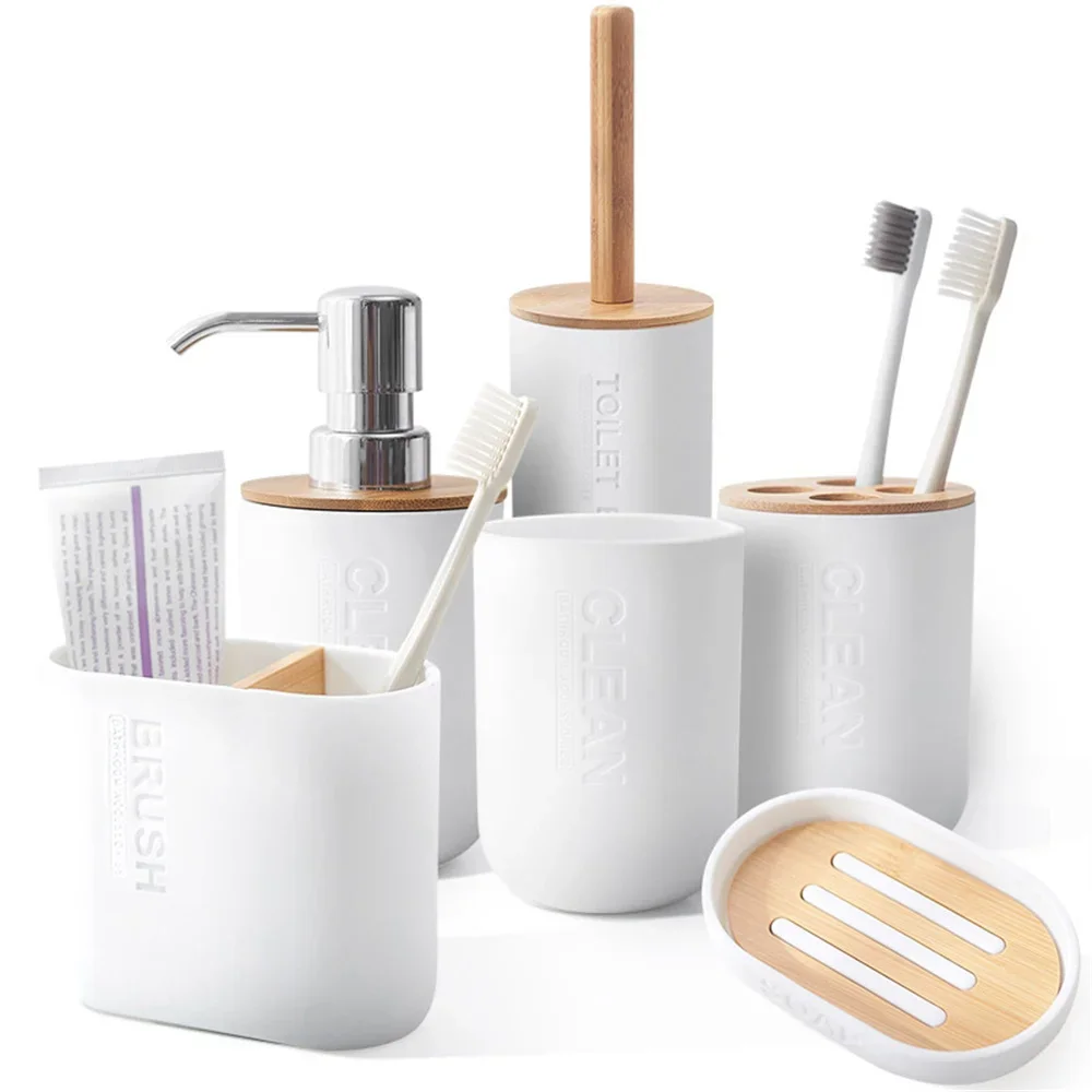 

White Simple Home Bathroom Supply Bamboo Soap Dish Mouthwash Cup Toothbrush Holder Storage bottle Wash Rack Bathroom Wash