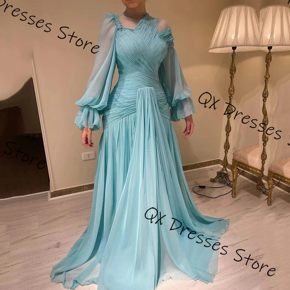 Customized 2024 New Style Puff see-through Long Sleeves Women's Evening Dress high quality Pleated A-Line Floor Length Prom Part