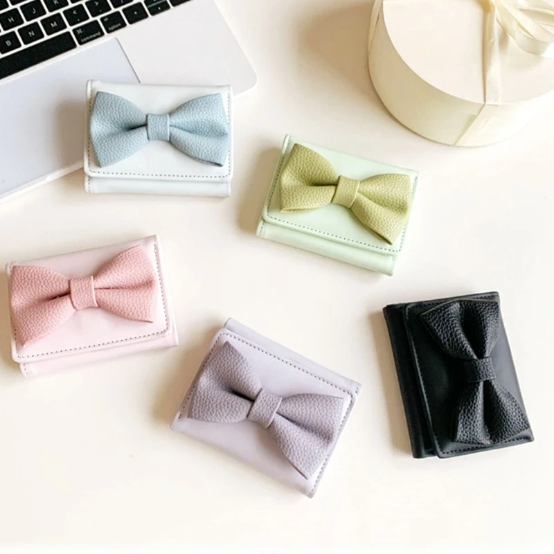 

X5XA Sweet Bows Wallets for Women Girls Coin Purse Trifold Wallet Coin Bags Card Holder PU Leather Purse Stylish Change Purse