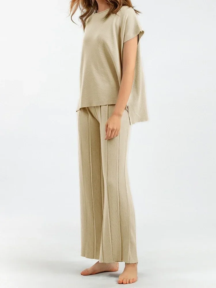 

New Summer Fashionable Loose Comfortable Generous Casual Knitted Two-Piece Set Women's Style Sleeveless Vest Wide Leg Pants