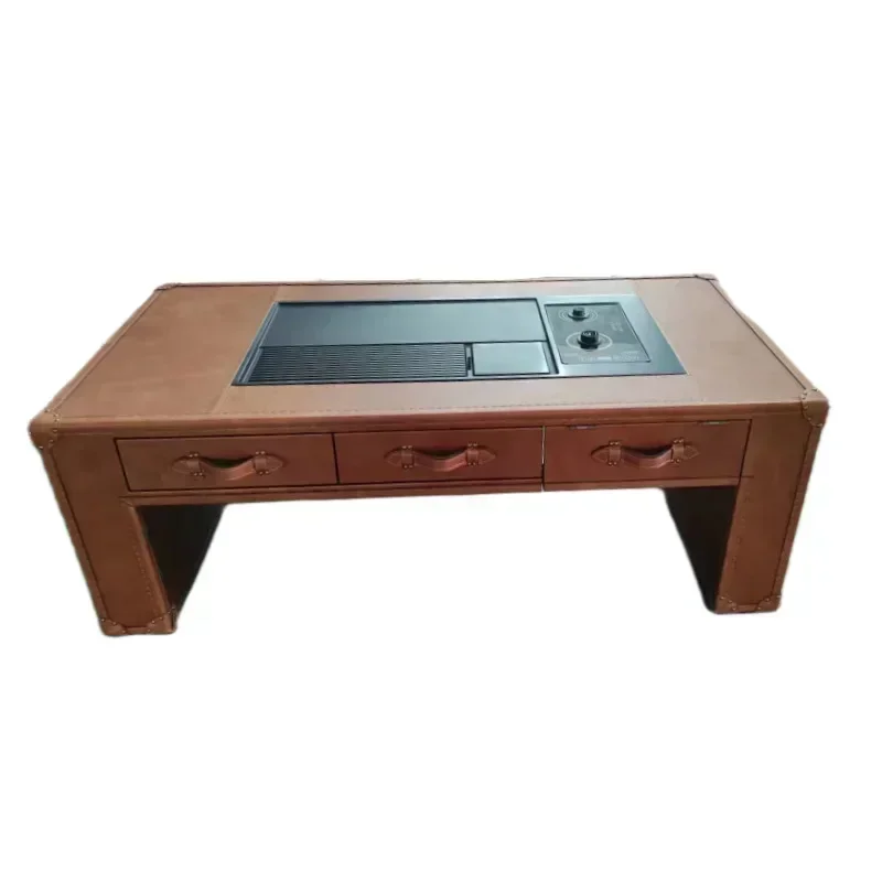 American retro leather box coffee table first layer cowhide storage coffee table with induction cooker tea table