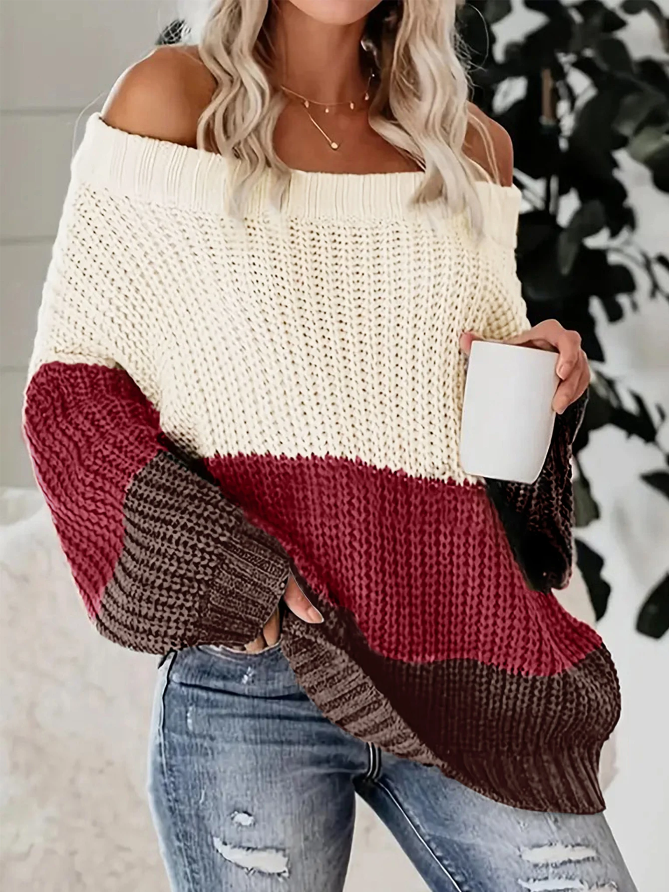 2024 New One Shoulder Contrast Bat Sleeve Hoodie Versatile Knitted Hollow Color blocked Top for Women