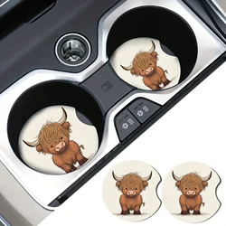 2pcs Scottish Highland Cow Cartoon car coasters, non-slip, durable and water-absorbent universal coasters