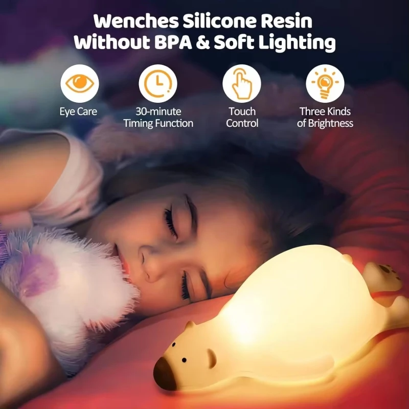 Cute Bear LED Night Light Rechargeable Animal Silicone Lamp Touch Sensor Color Changing Lazy Bear Night Light