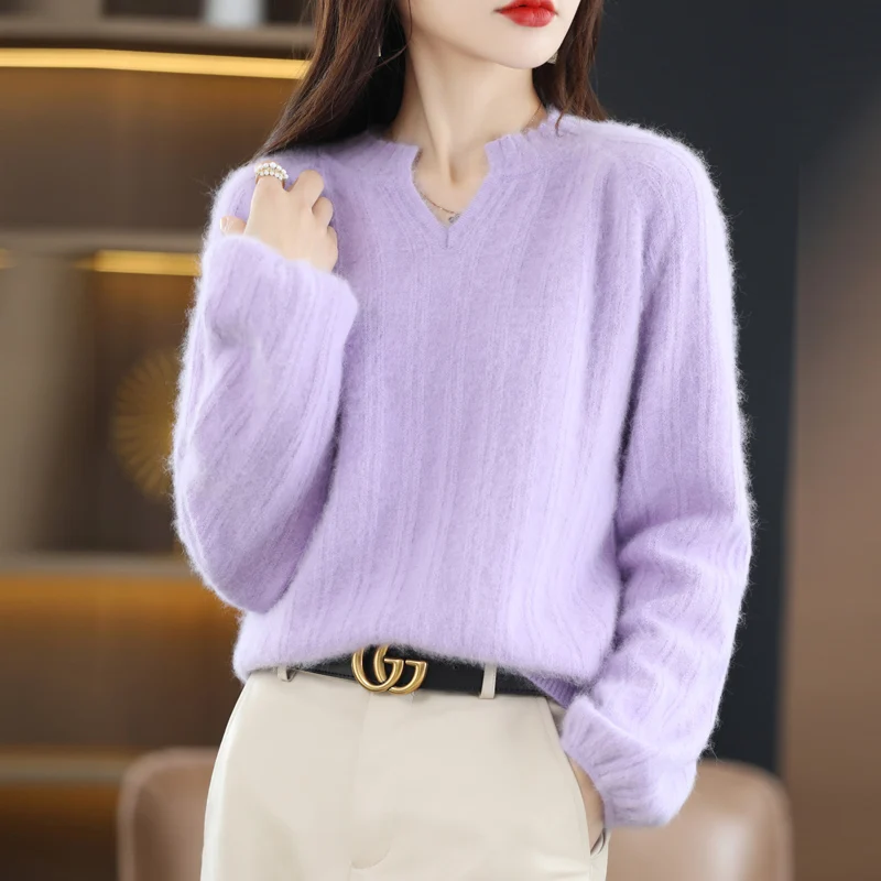 100% Mink Cashmere Soft Lantern Sleeve Sweater Women V-neck Pullover Casual Knit Autumn Winter Warm Solid Color Loose Top