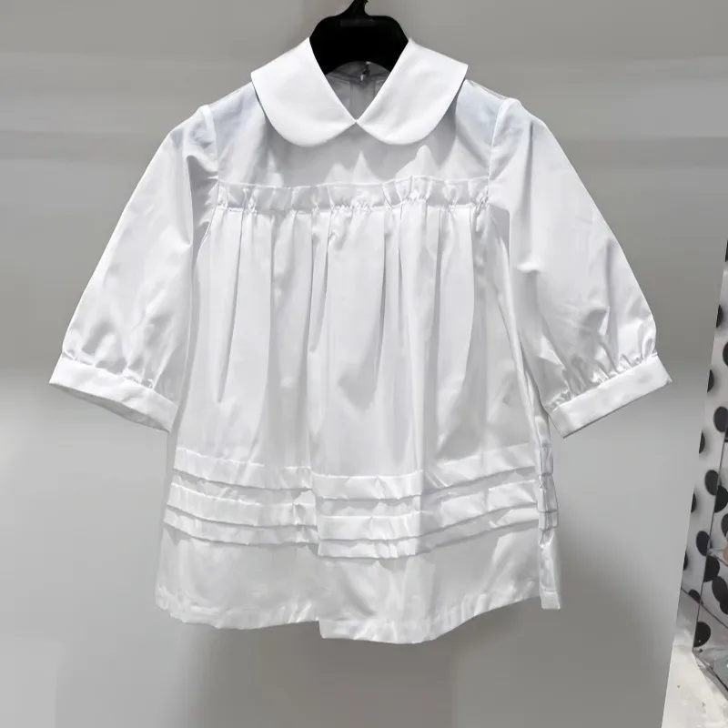 

2025 Summer New Cotton Polo Shirt Women Loose Short Sleeve Casual Trendy Top with Peter Pan Collar